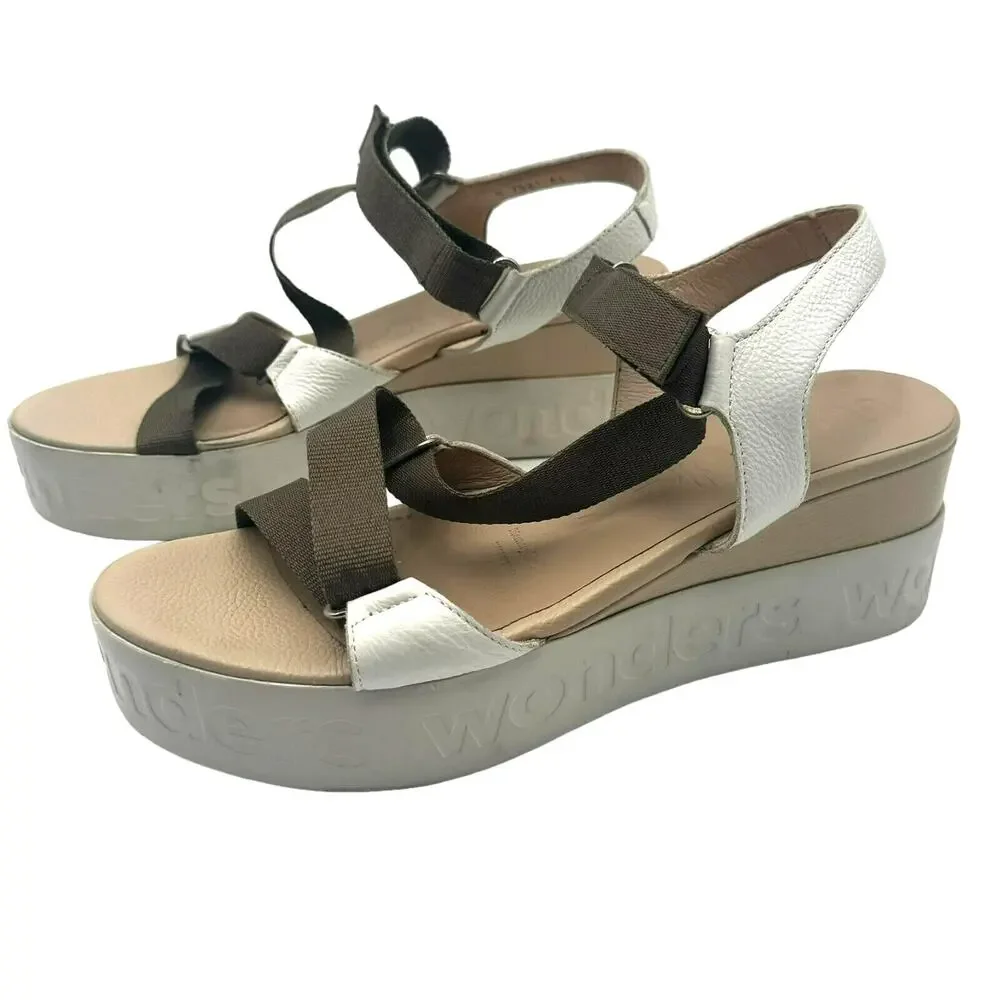 WONDERS Sandals Women's 10 Platform Wedge Brown White Leather Memory Gel B-7521‎